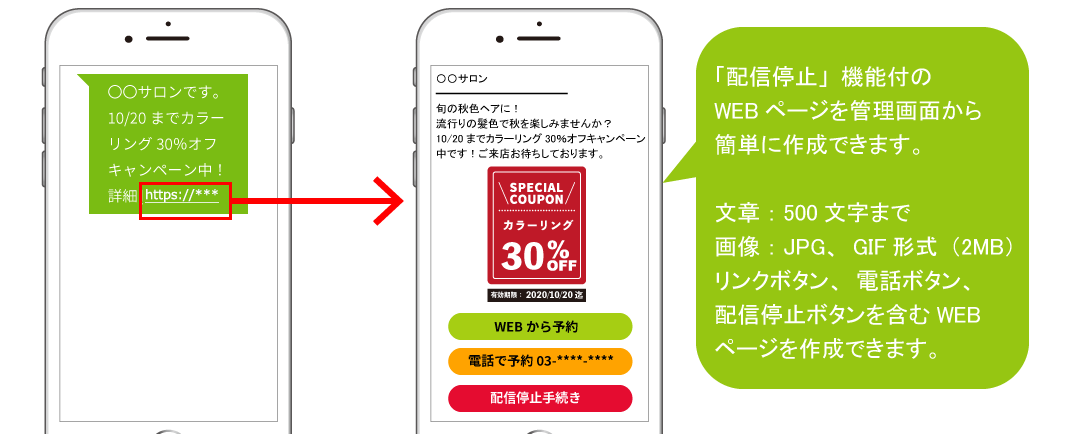 バンソウSMS管理画面から配信停止機能付きのWEBページを作成できます